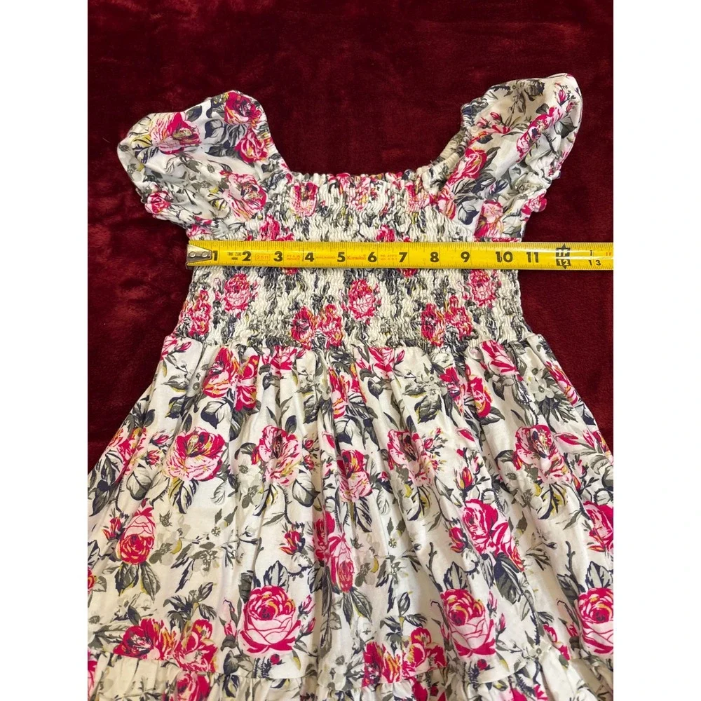 SweetHoney Girls Pink Rose Floral Smocked Puff Sleeve Tiered Cotton Dress 10Y